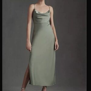 Anthropologie BHLDN Cali Satin Midi Dress 6 Green Cowl Neck Evening Party